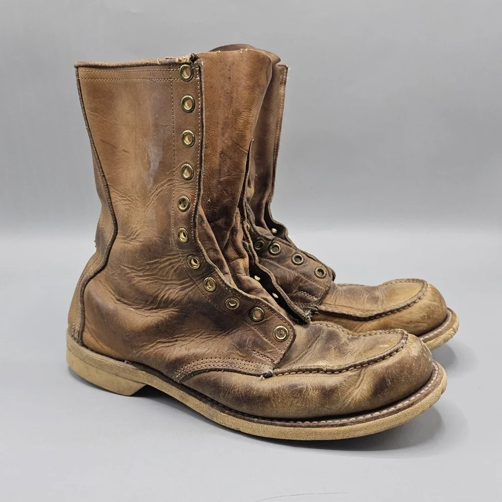 Vintage 80s Beartrap AirCushion Leather Logger Boots Distressed 10 Eye Sz 7.5